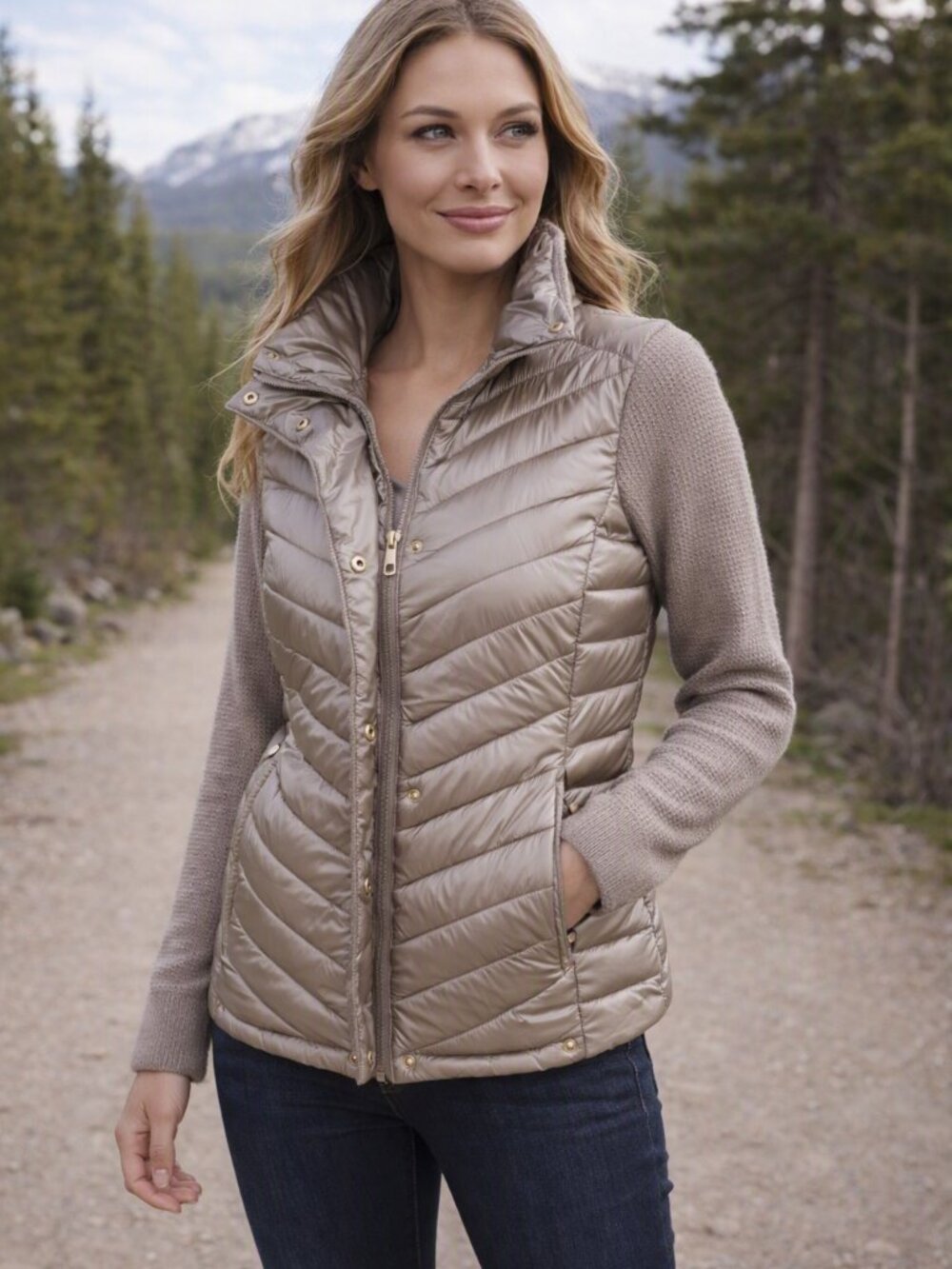 Calvin Klein Mock Neck Puffer Jacket Sweater Sleeves Champagne Taupe Women’s M